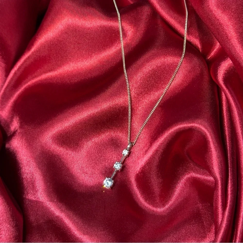 Sterling Silver Drop Pendant Necklace 3-Stone CZ